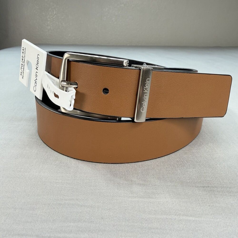 NWT Calvin Klein Tan Black Reversible Dress Belt XL 42 - 44 Silver Buckle 1.5"